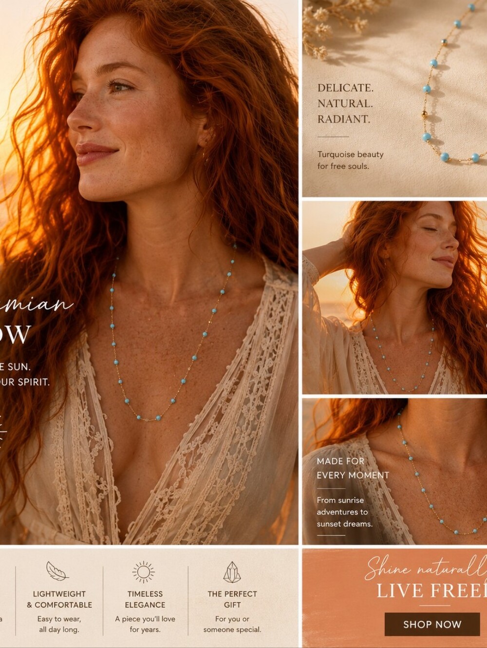 Gold Chain Necklace with Turquoise Beads - Women Jewelry